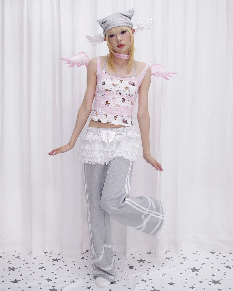 CFIERCE Puppy Print Mock-Layered Cami Top - pink puppy print cami model angled pose