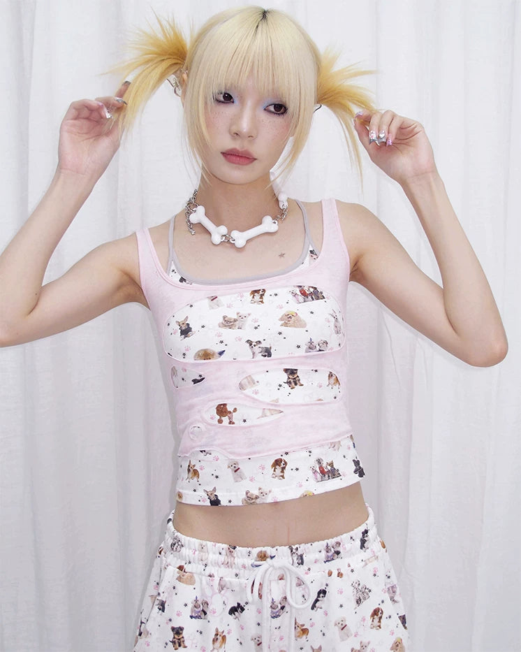 CFIERCE Puppy Print Mock-Layered Cami Top - pink puppy print cami portrait front