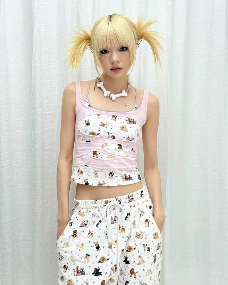 CFIERCE Puppy Print Mock-Layered Cami Top - pink puppy print cami model front detail