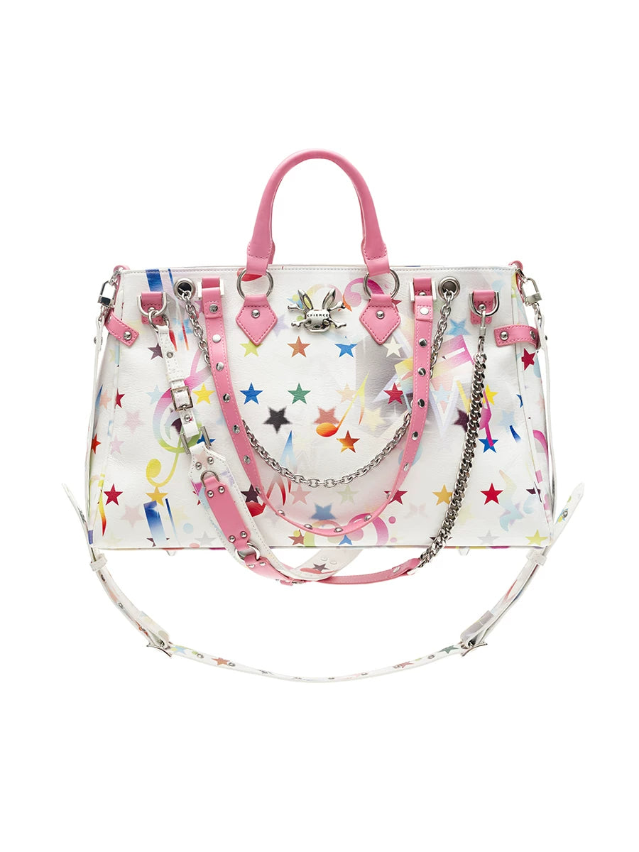 CFIERCE Star-Print Chain-Strap Satchel - pink-trim star-print satchel front on white
