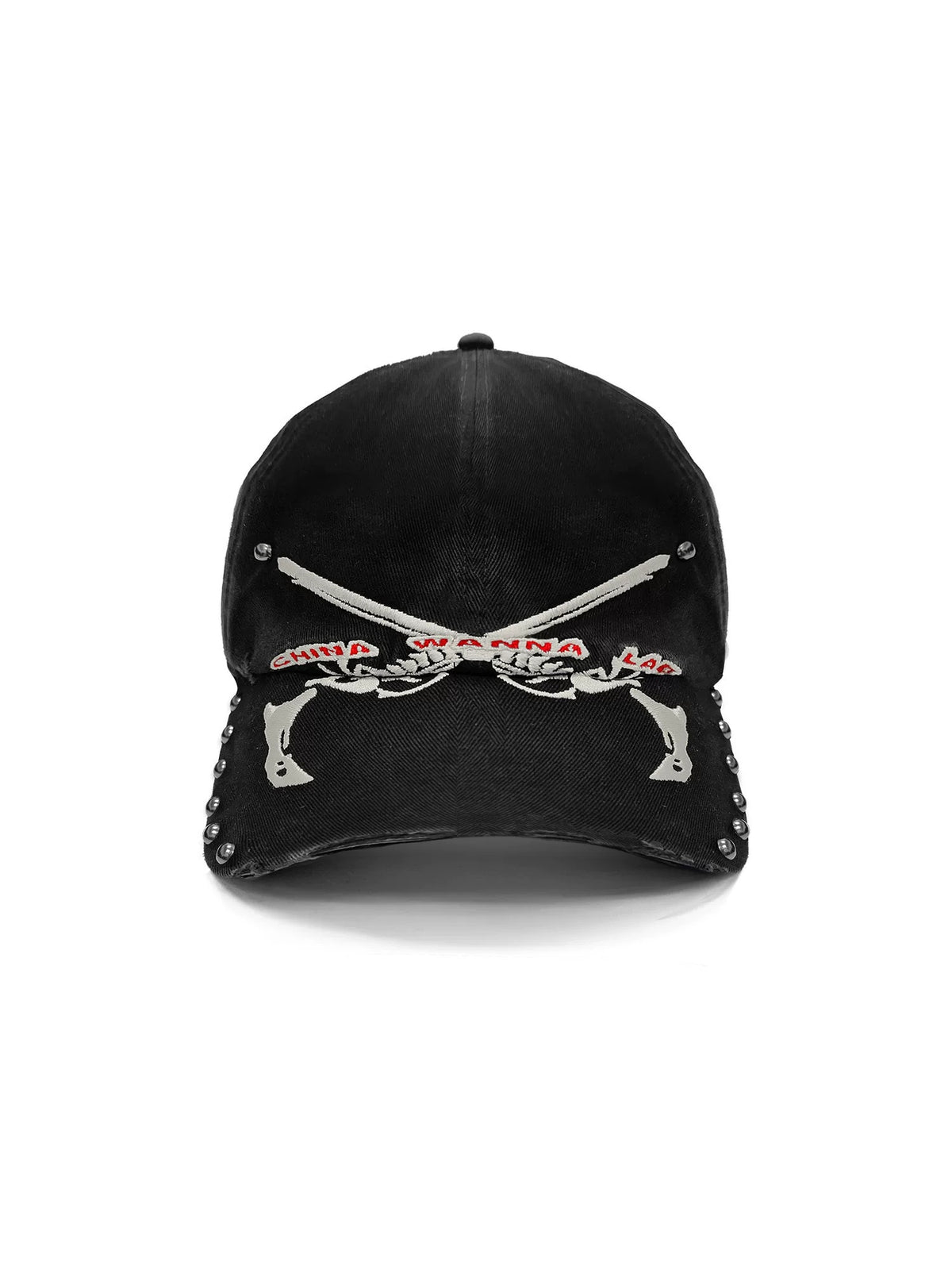 WANNA LAB Bone Pistols Embroidered Studded Washed Denim Cap - Washed Black front