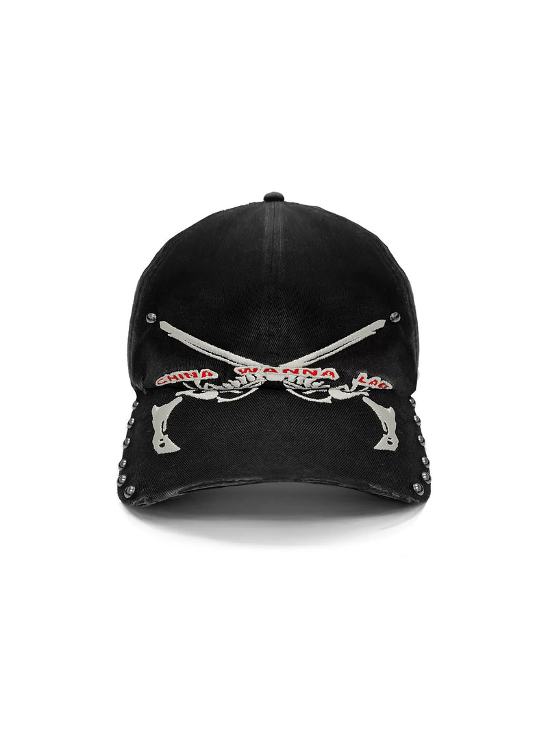 WANNA LAB Bone Pistols Embroidered Studded Washed Denim Cap - Washed Black front