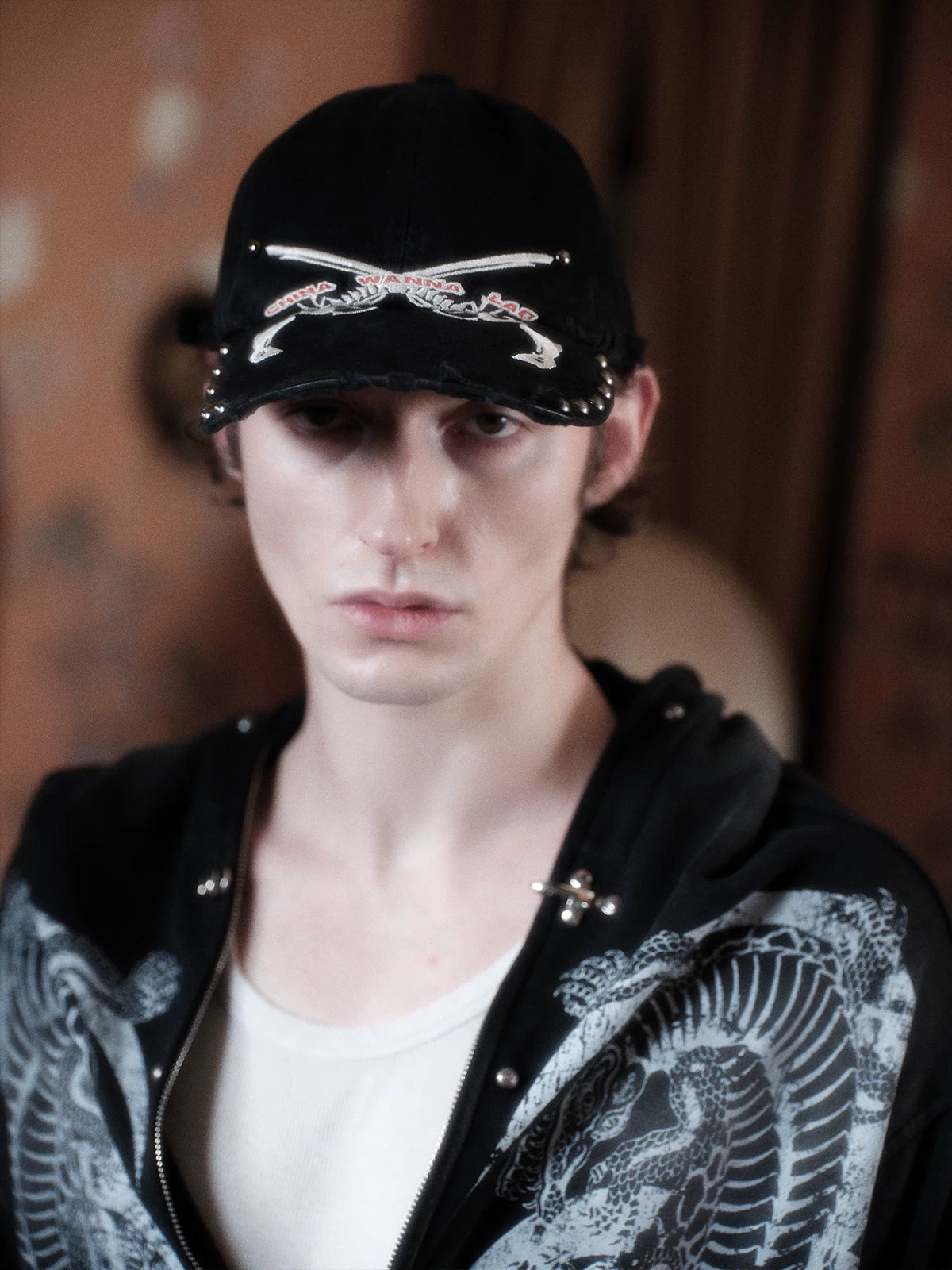 WANNA LAB Bone Pistols Embroidered Studded Washed Denim Cap - Washed Black on model front, facing camera