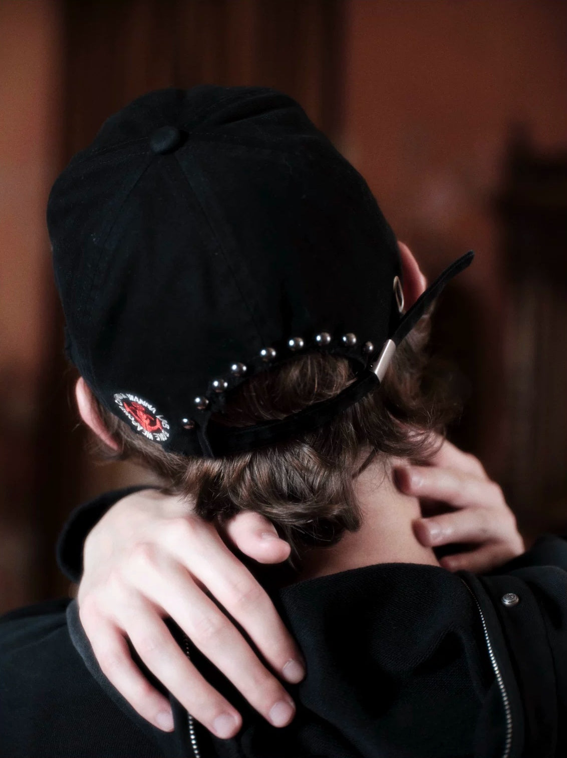 WANNA LAB Bone Pistols Embroidered Studded Washed Denim Cap - Washed Black on model back