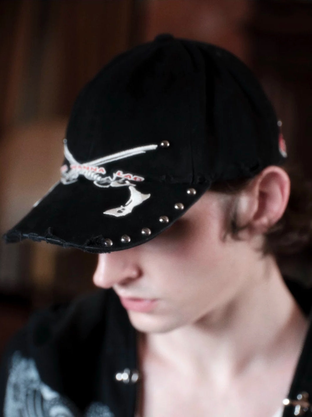 WANNA LAB Bone Pistols Embroidered Studded Washed Denim Cap - Washed Black on model side