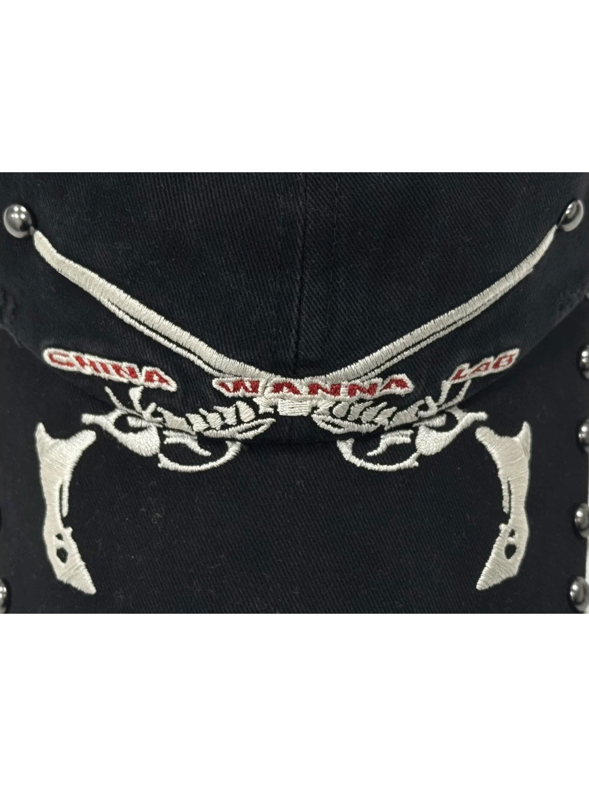 WANNA LAB Bone Pistols Embroidered Studded Washed Denim Cap - Washed Black front embroidery detail