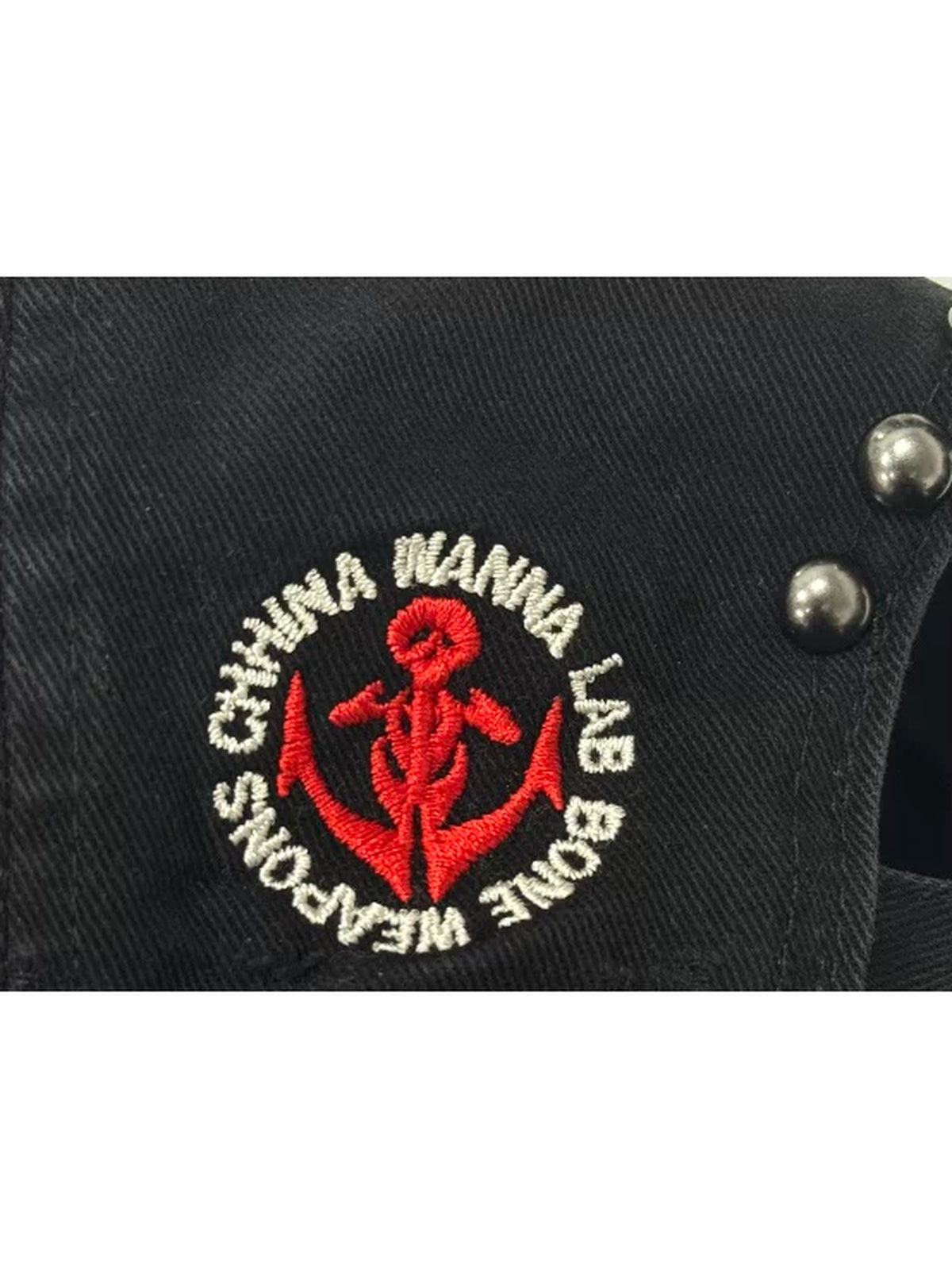 WANNA LAB Bone Pistols Embroidered Studded Washed Denim Cap - Washed Black side anchor patch detail