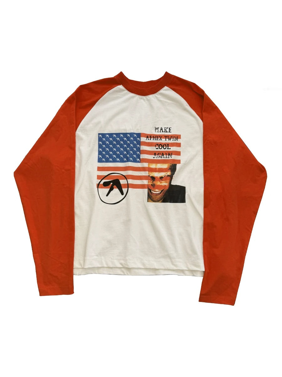 RAINMAKE Flag Parody Graphic Raglan Long Sleeve Tee - White front flat lay