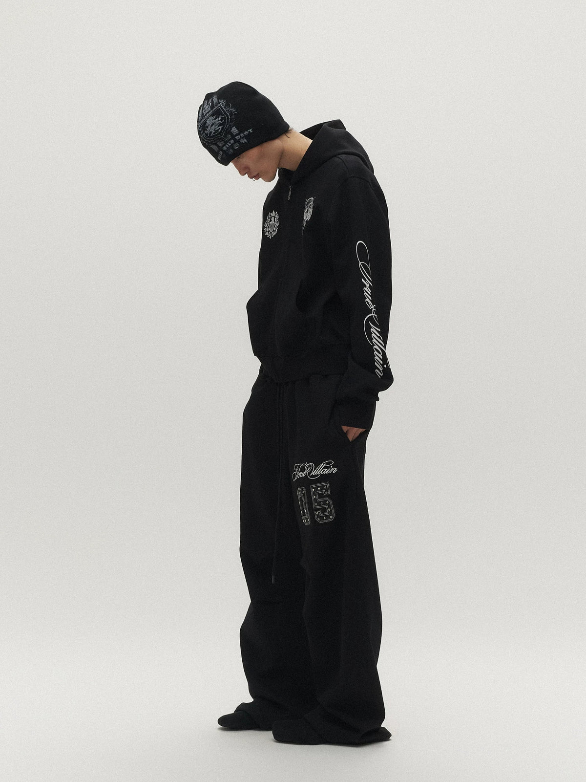 True Villain Studded Zip-Up Hoodie & Sweatpants - Black set side on model