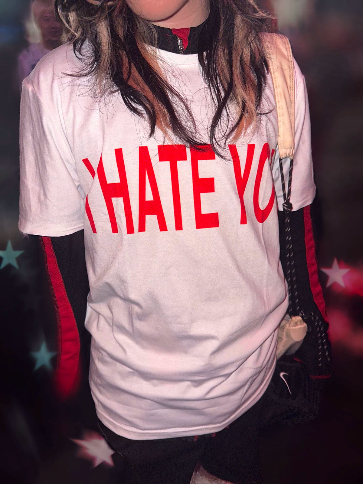 I Hate You / I Miss You Graphic T-Shirt - front slogan on model