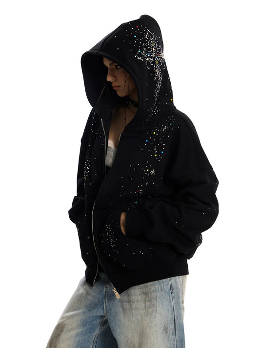 0123Start Rhinestone Cross Zip-Up Hoodie - Black front hooded