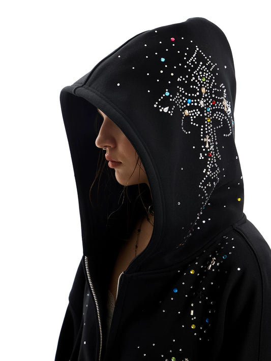 0123Start Rhinestone Cross Zip-Up Hoodie - Black hood cross rhinestones