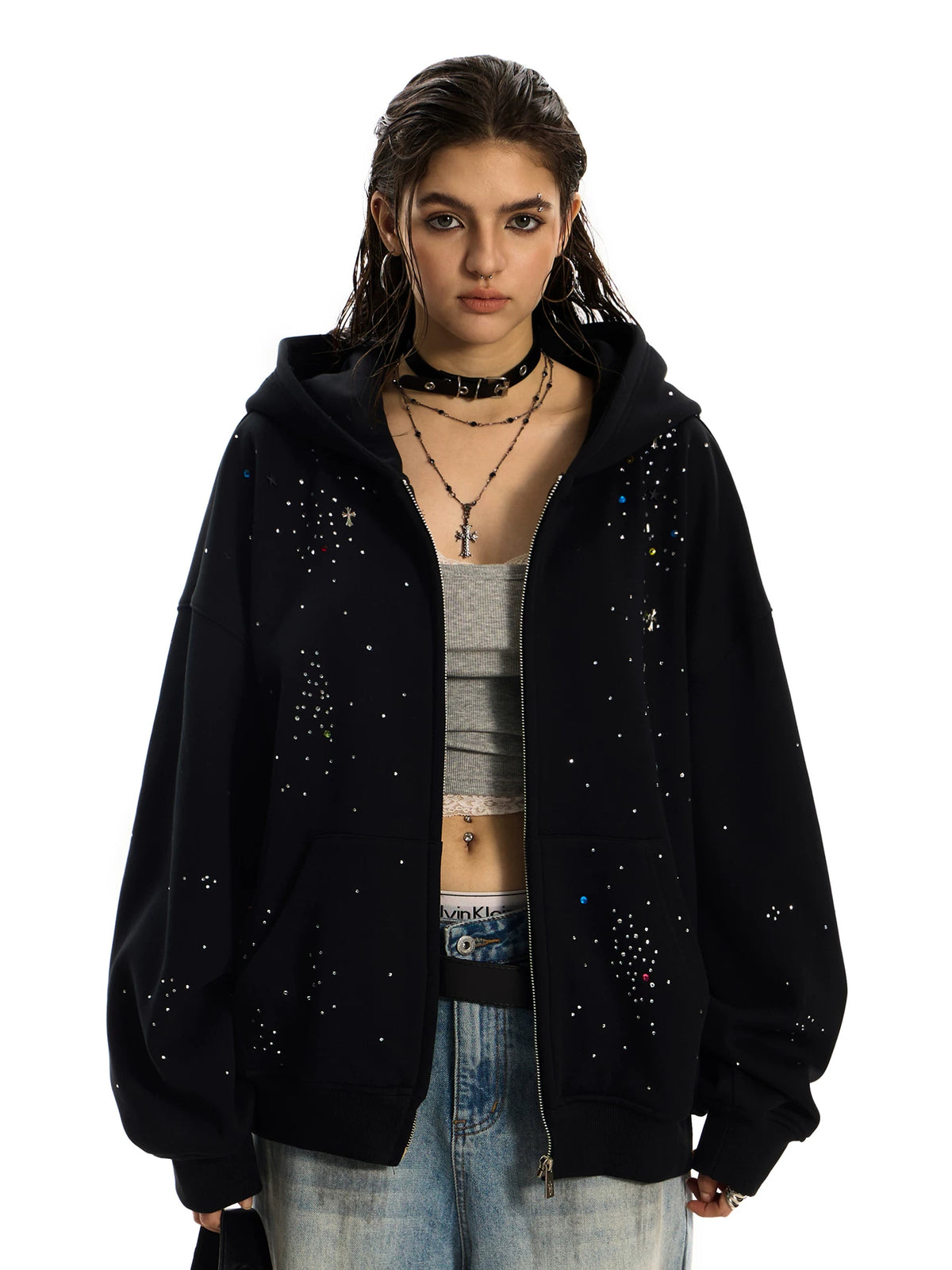 0123Start Rhinestone Cross Zip-Up Hoodie - Black front