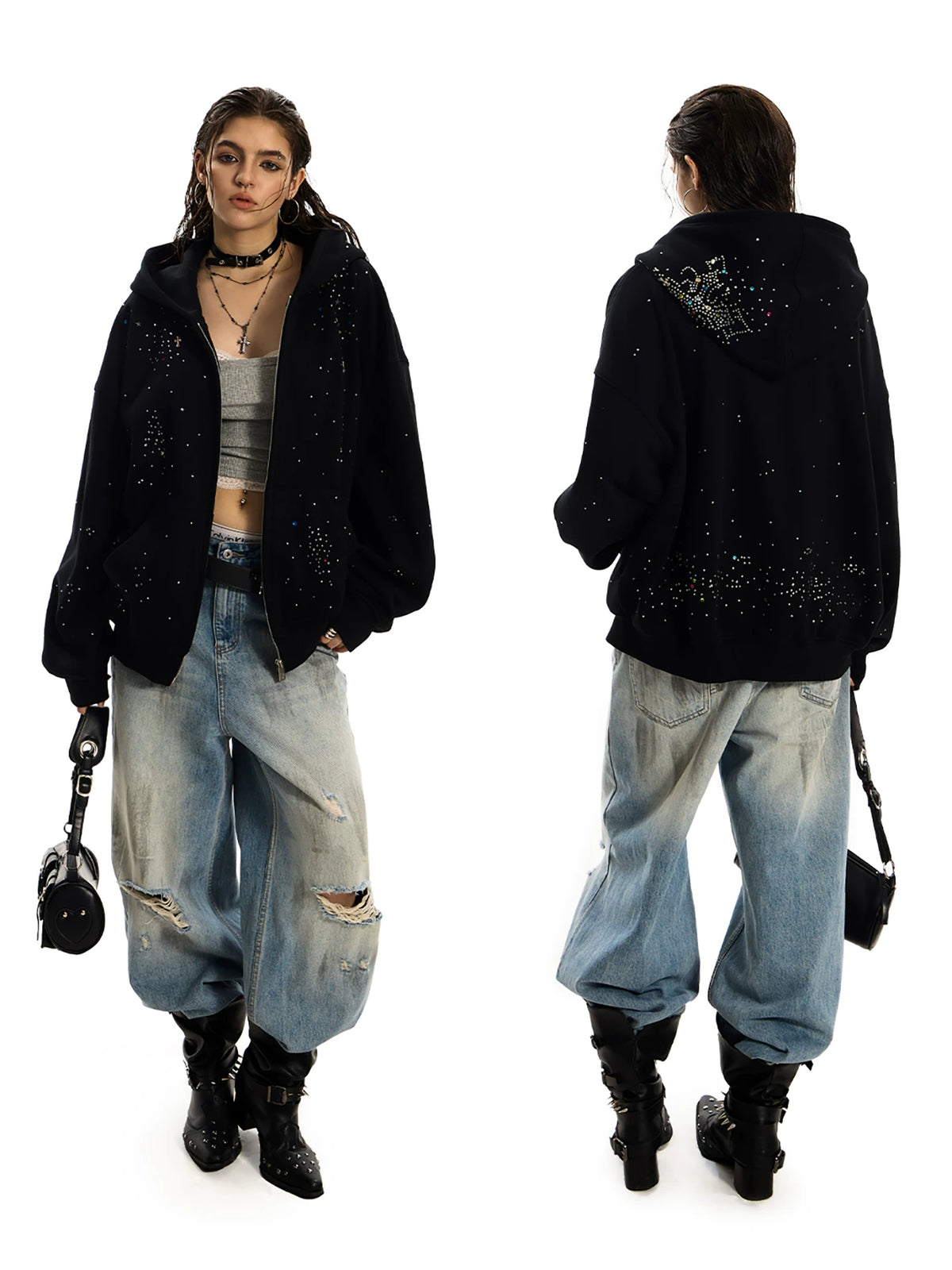 0123Start Rhinestone Cross Zip-Up Hoodie - Black outfit front and back