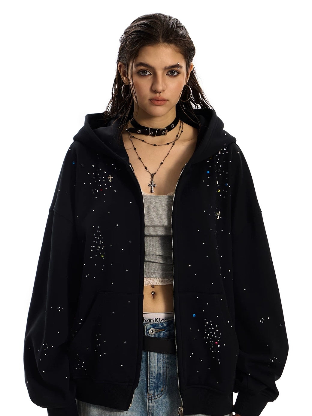 0123Start Rhinestone Cross Zip-Up Hoodie - Black front