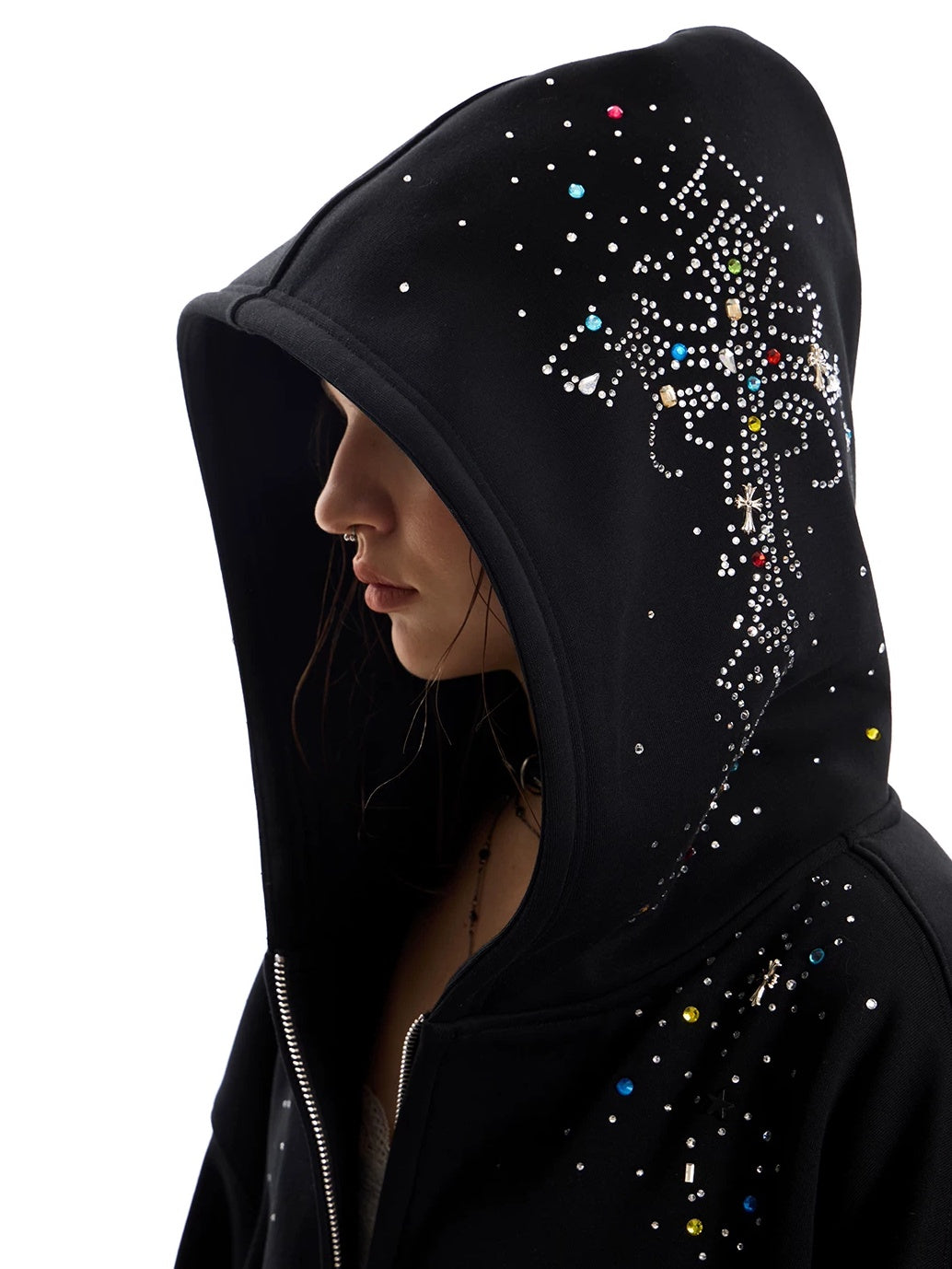 0123Start Rhinestone Cross Zip-Up Hoodie - Black hood profile cross