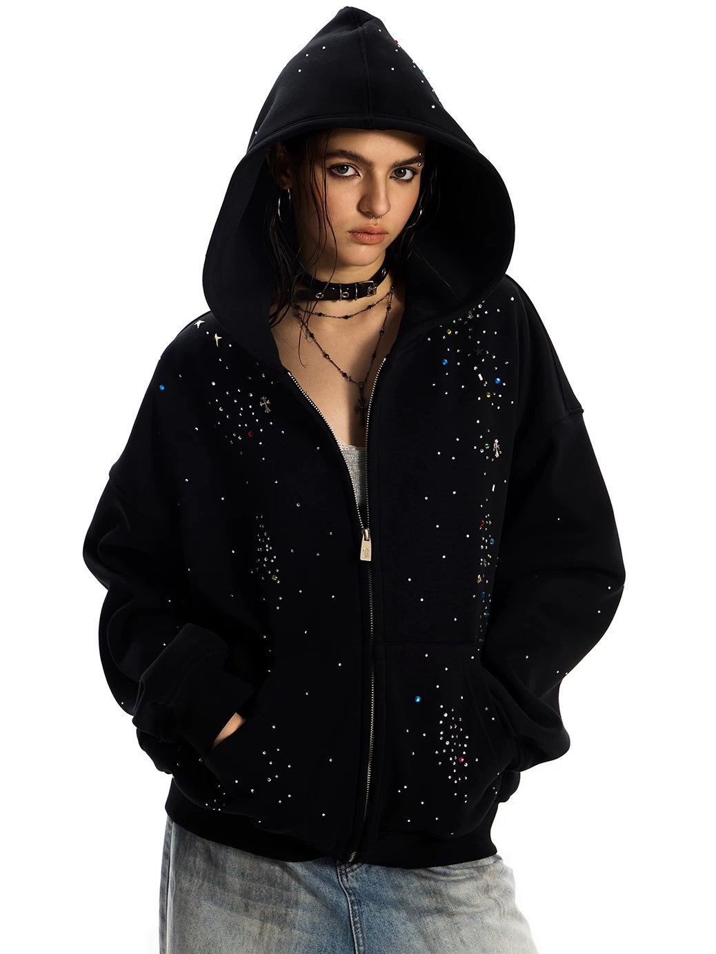 0123Start Rhinestone Cross Zip-Up Hoodie - Black hood up front