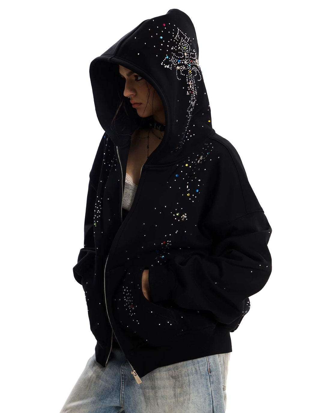 0123Start Rhinestone Cross Zip-Up Hoodie - Black hood up side