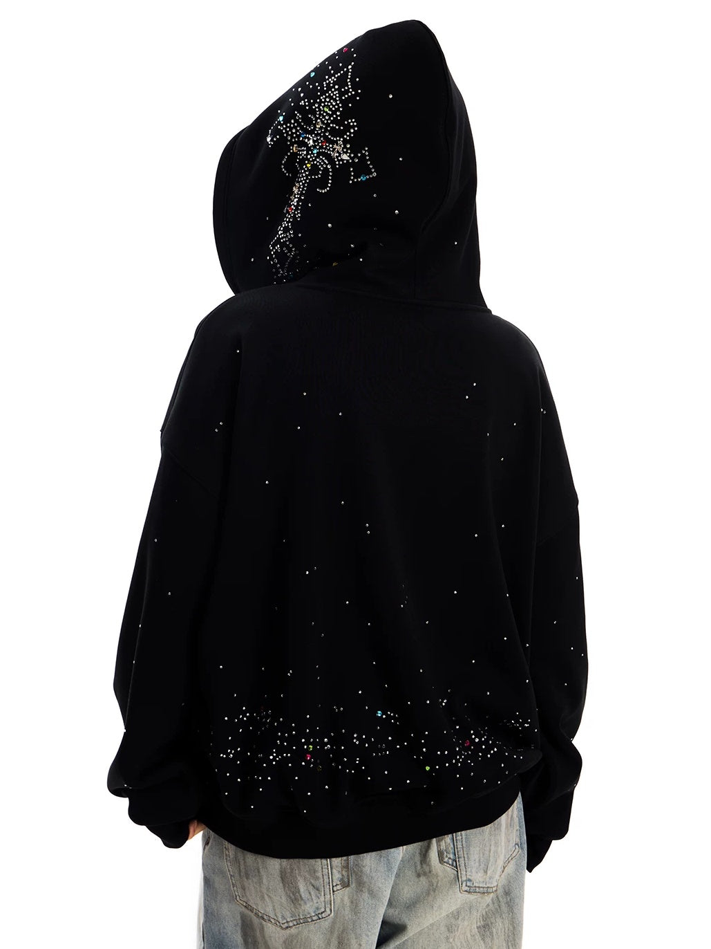 0123Start Rhinestone Cross Zip-Up Hoodie - Black hood up back