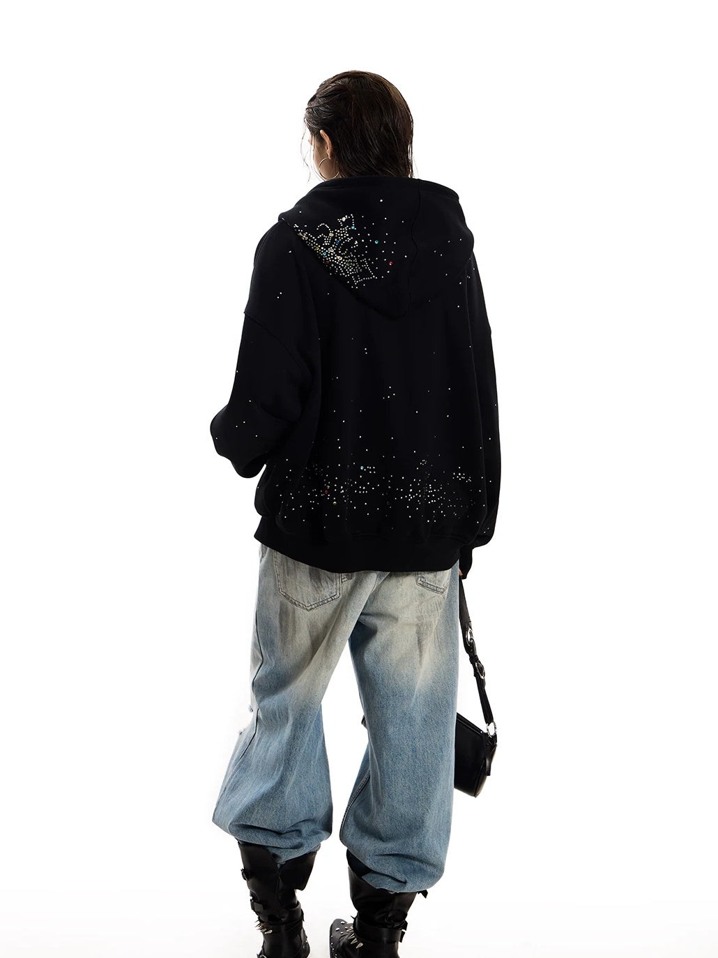 0123Start Rhinestone Cross Zip-Up Hoodie - Black full look back