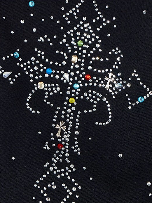 0123Start Rhinestone Cross Zip-Up Hoodie - Black rhinestone cross detail