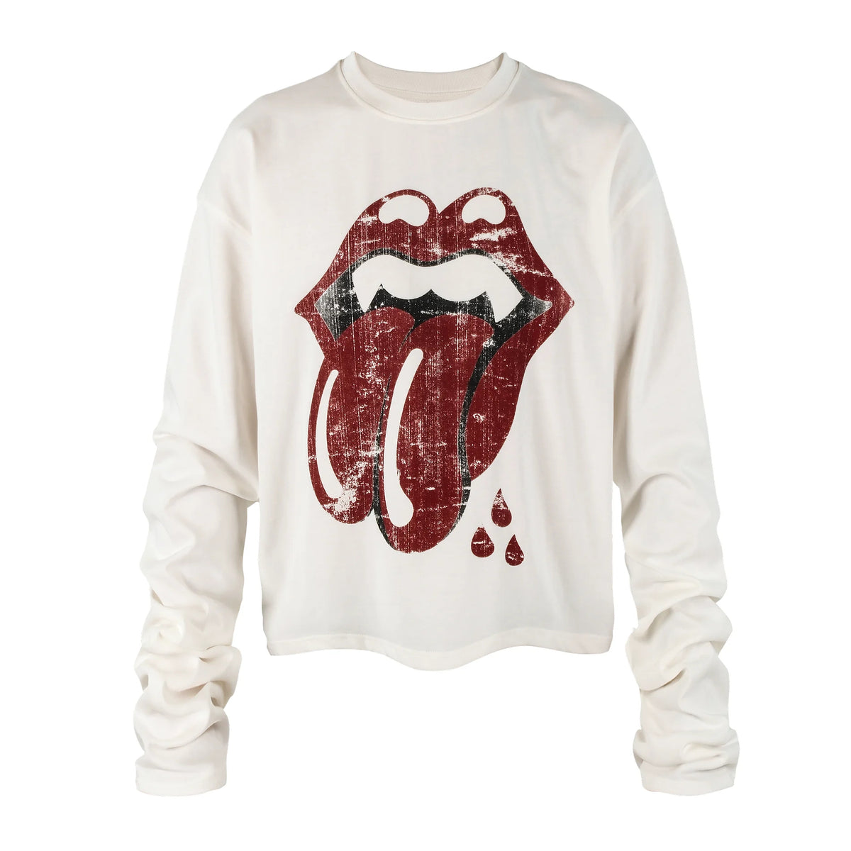 THEWET Distressed Fang Tongue Graphic Cropped Long Sleeve Tee - Off-White flat lay