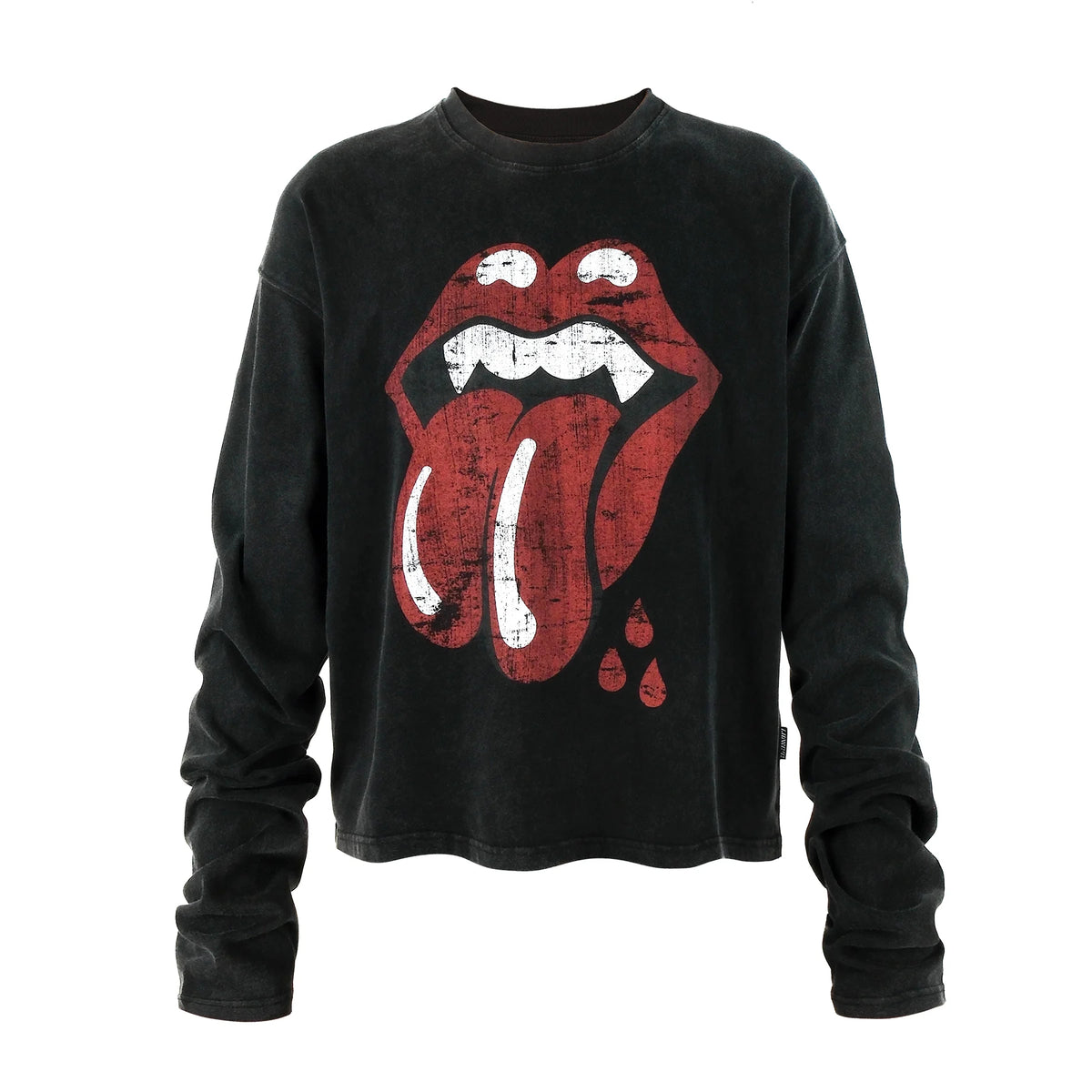 THEWET Distressed Fang Tongue Graphic Cropped Long Sleeve Tee - Washed Black flat lay
