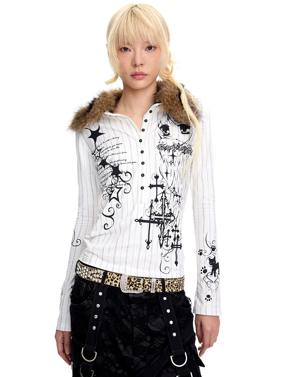 CFIERCE Thorn Stripe Angel Girl Faux-Fur Collar Polo Top - view 1