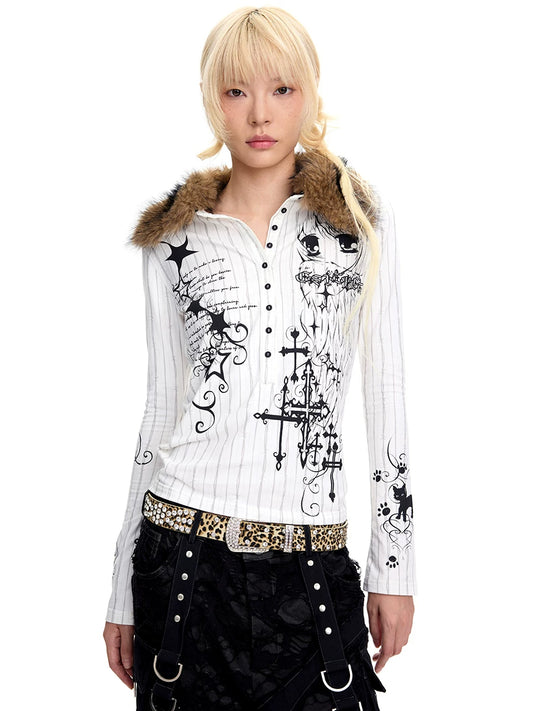 CFIERCE Thorn Stripe Angel Girl Faux-Fur Collar Polo Top - view 1