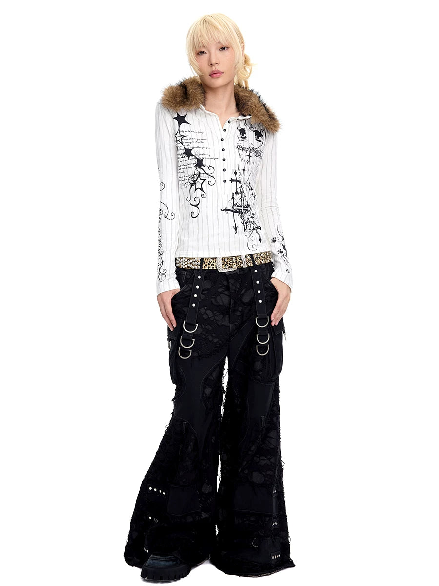 CFIERCE Thorn Stripe Angel Girl Faux-Fur Collar Polo Top - view 2
