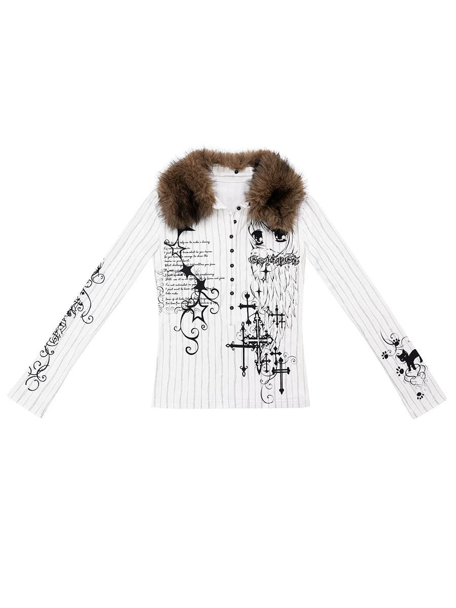 CFIERCE Thorn Stripe Angel Girl Faux-Fur Collar Polo Top - view 5
