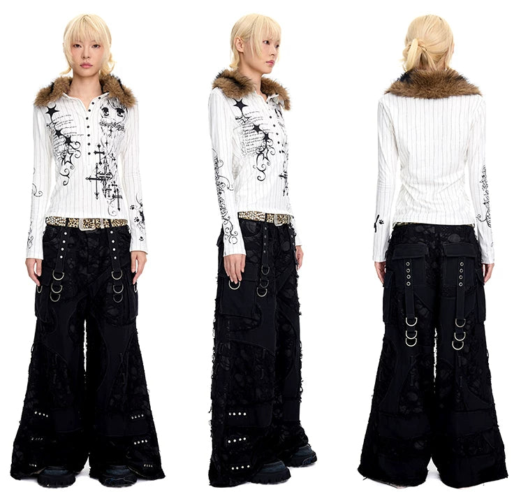 CFIERCE Thorn Stripe Angel Girl Faux-Fur Collar Polo Top - view 6