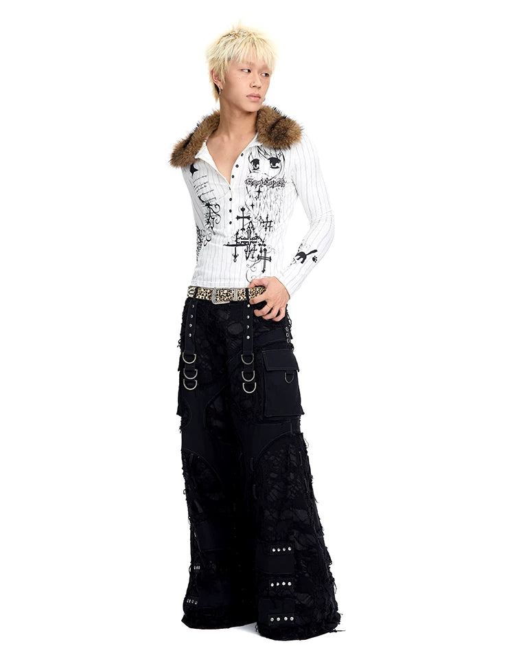 CFIERCE Thorn Stripe Angel Girl Faux-Fur Collar Polo Top - view 8
