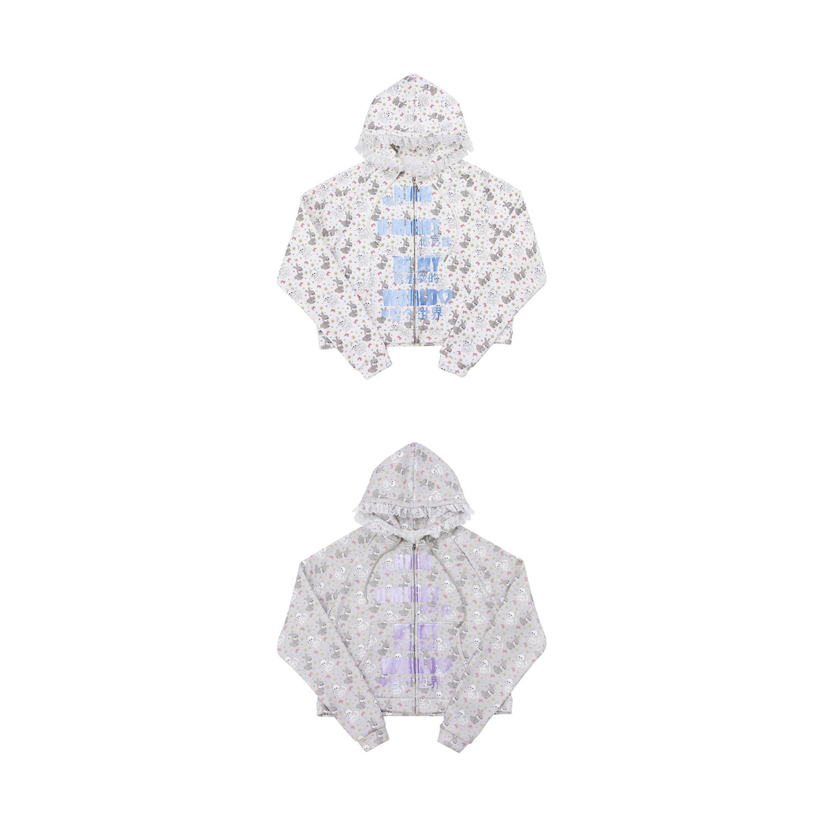 CFIERCE Cat & Rabbit Lace-Trim Zip Hoodie - blue and purple cat-rabbit hoodies front on white