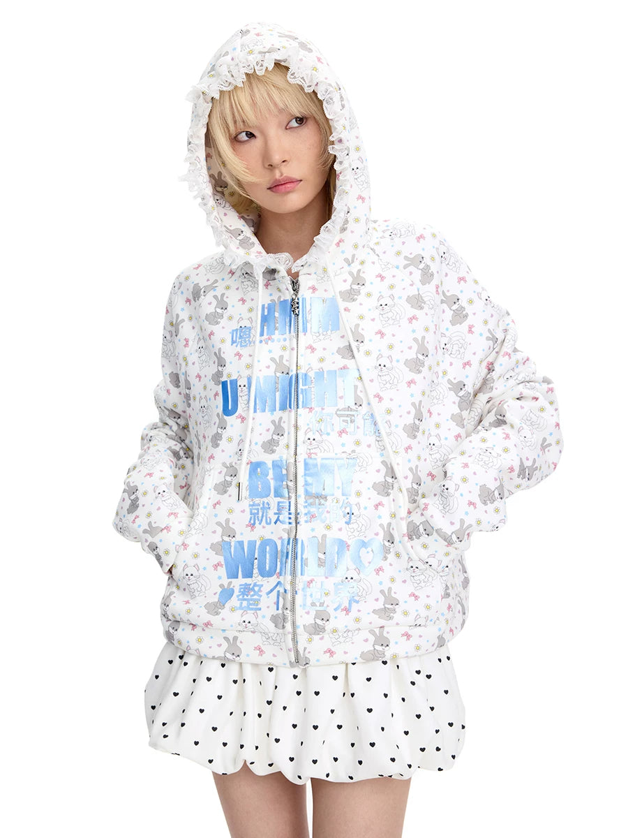 CFIERCE Cat & Rabbit Lace-Trim Zip Hoodie - blue cat-rabbit hoodie on white-background model