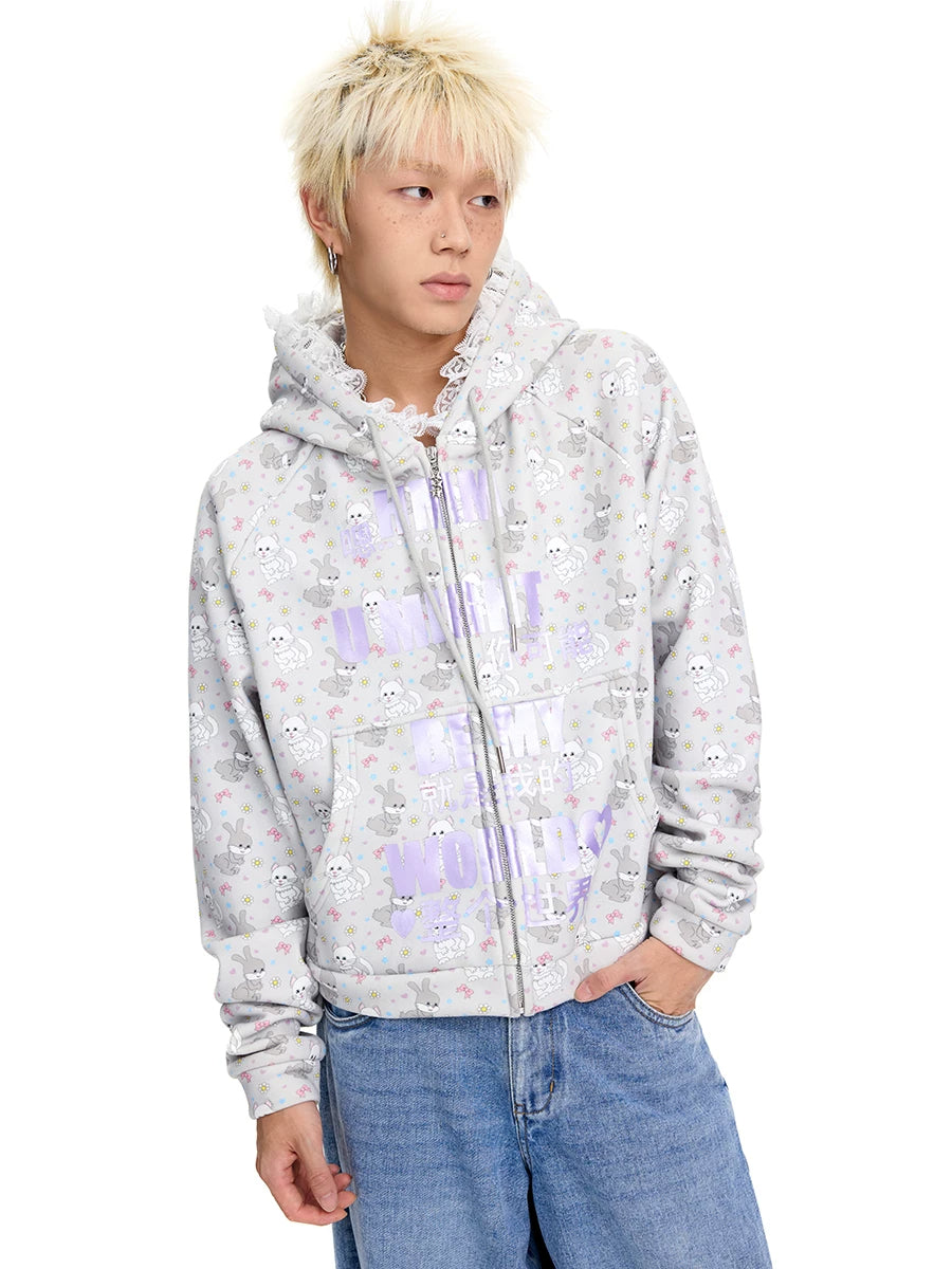 CFIERCE Cat & Rabbit Lace-Trim Zip Hoodie - purple cat-rabbit hoodie on white-background model