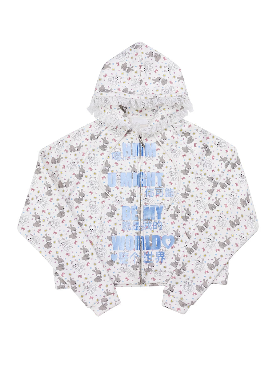 CFIERCE Cat & Rabbit Lace-Trim Zip Hoodie - blue cat-rabbit hoodie product front