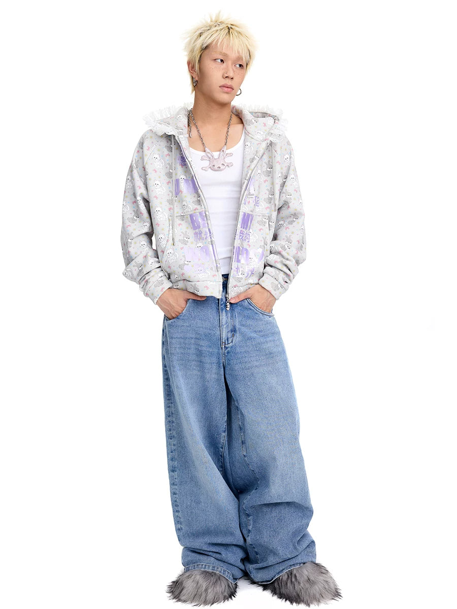 CFIERCE Cat & Rabbit Lace-Trim Zip Hoodie - purple hoodie full outfit on model