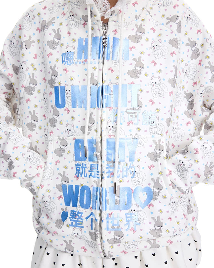 CFIERCE Cat & Rabbit Lace-Trim Zip Hoodie - blue cat-rabbit print and lettering close view
