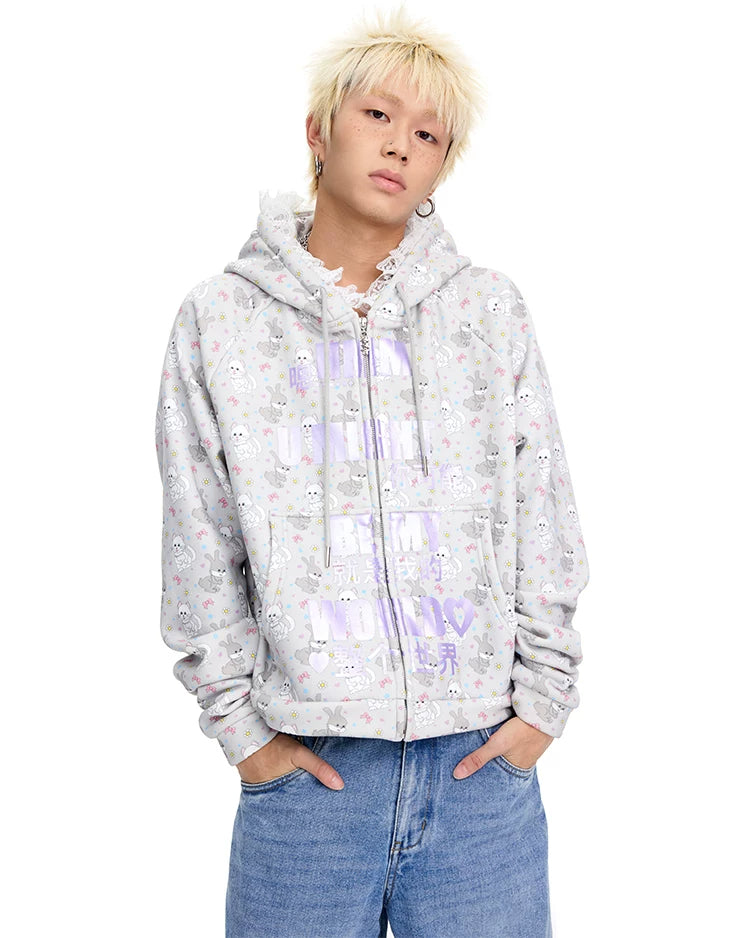 CFIERCE Cat & Rabbit Lace-Trim Zip Hoodie - purple cat-rabbit print and lettering on model