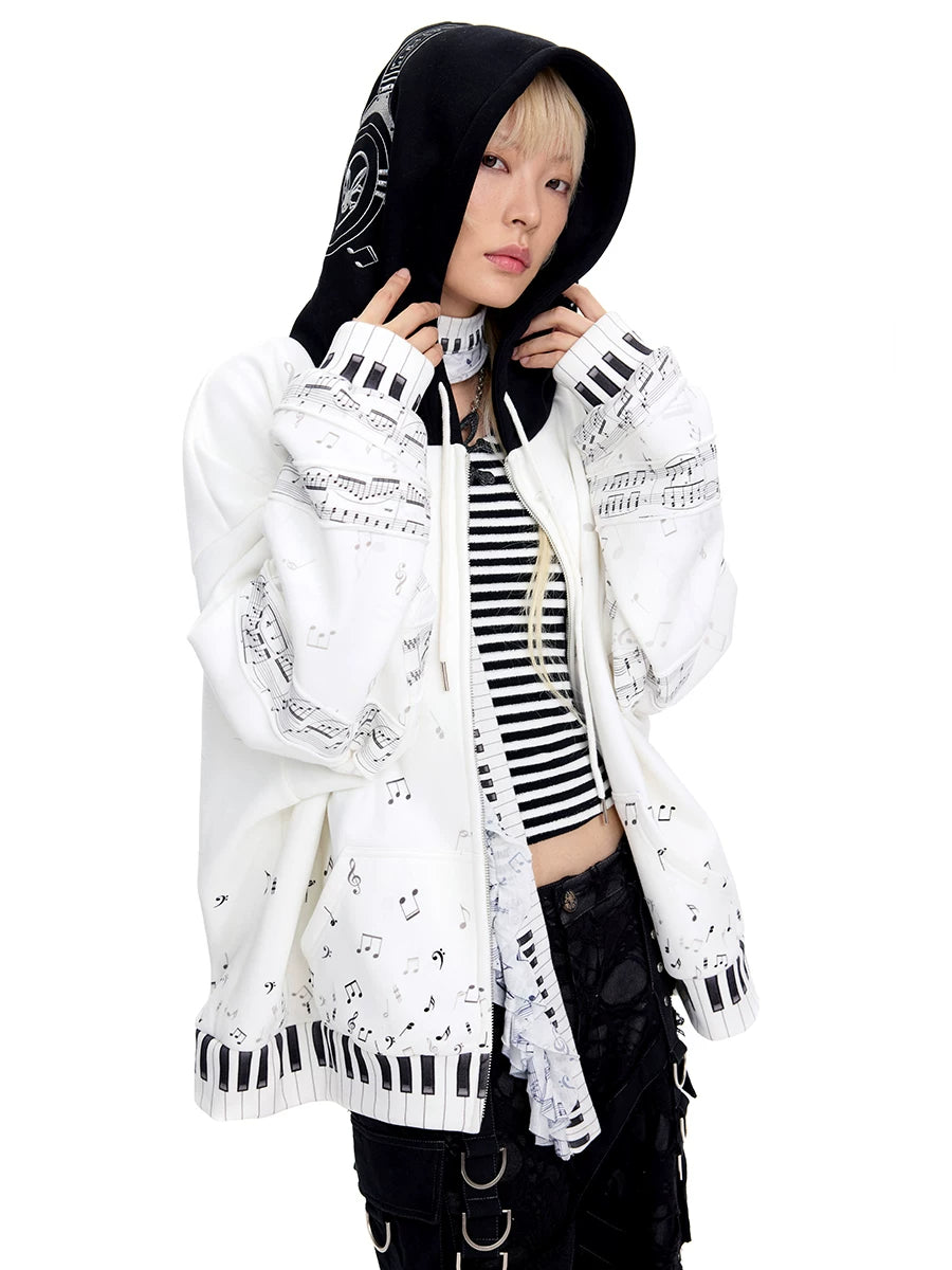 CFIERCE Piano Key Music-Note Zip Hoodie - white piano-key hoodie worn front on white