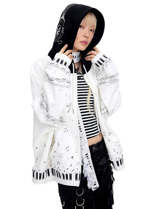 CFIERCE Piano Key Music-Note Zip Hoodie - white piano-key hoodie worn front on white