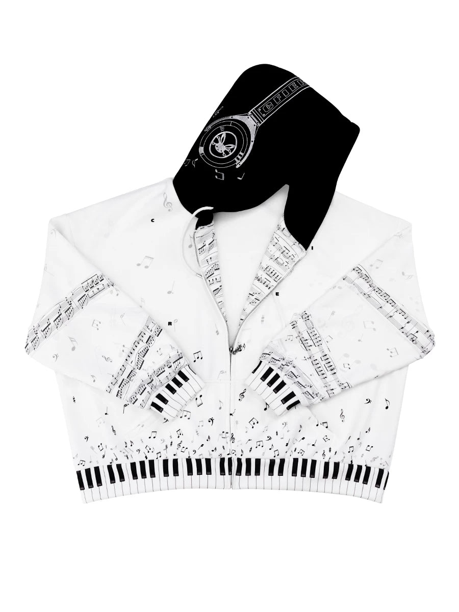 CFIERCE Piano Key Music-Note Zip Hoodie - white piano-key hoodie product view