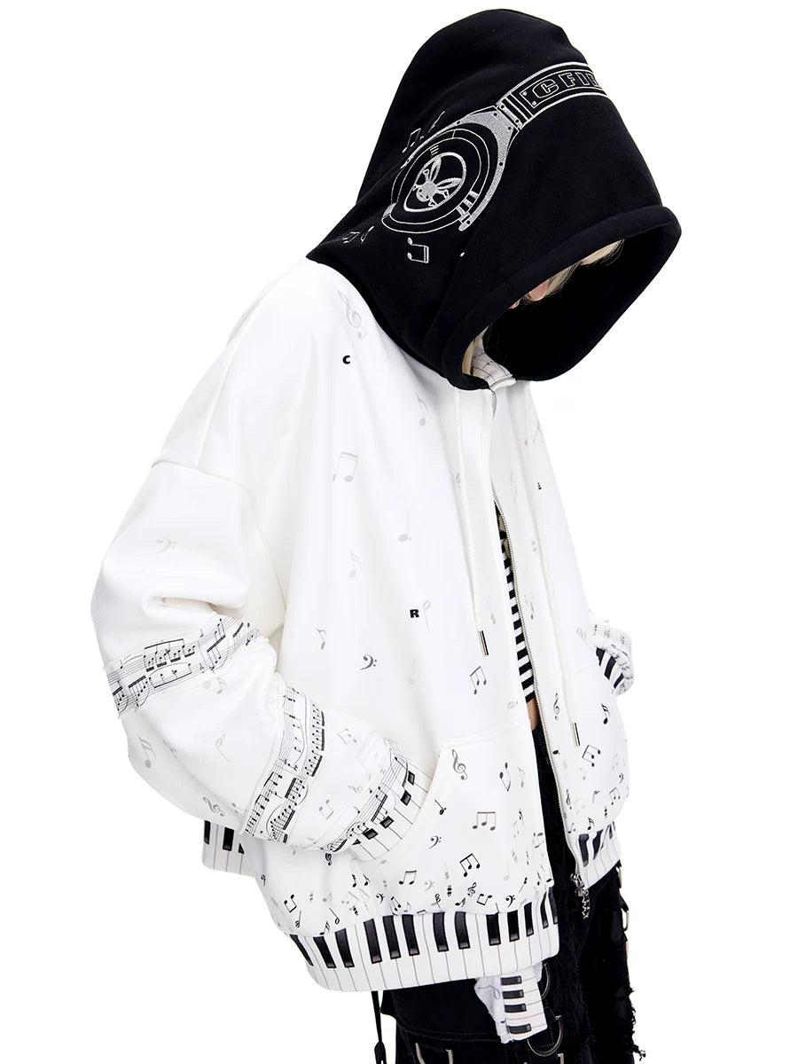 CFIERCE Piano Key Music-Note Zip Hoodie - white music-note hoodie side view on model