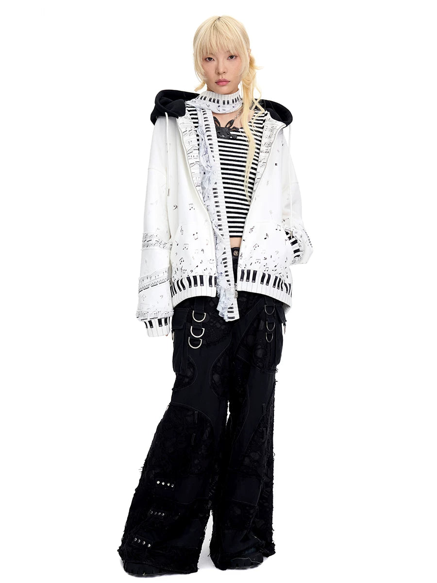 CFIERCE Piano Key Music-Note Zip Hoodie - white music-note hoodie styled full-length