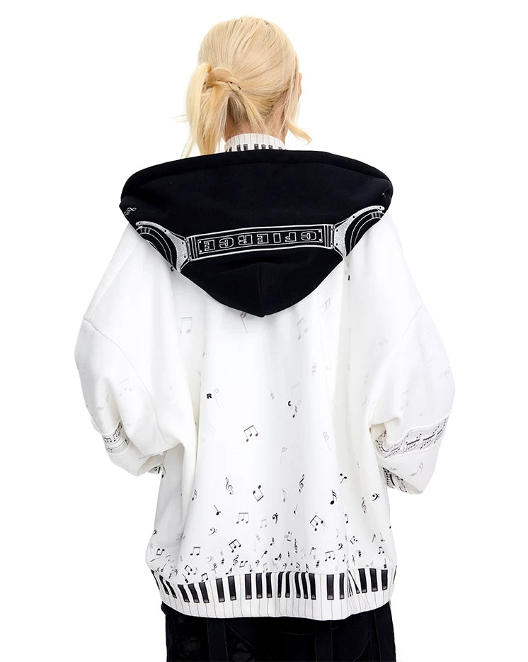 CFIERCE Piano Key Music-Note Zip Hoodie - white music-note hoodie back on model
