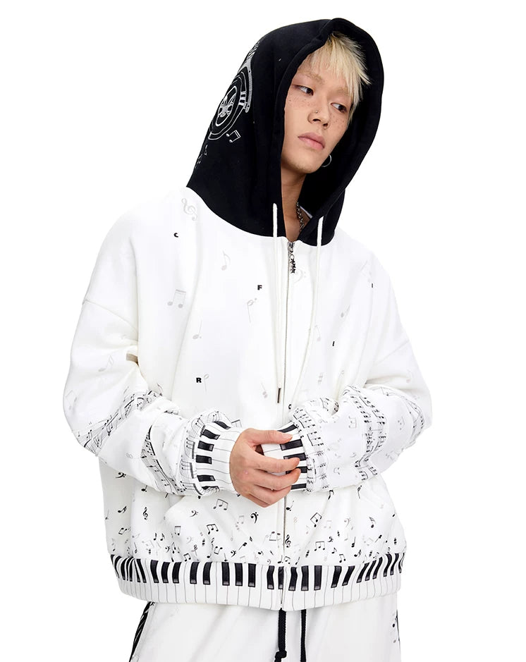 CFIERCE Piano Key Music-Note Zip Hoodie - white piano-key hoodie worn zipped