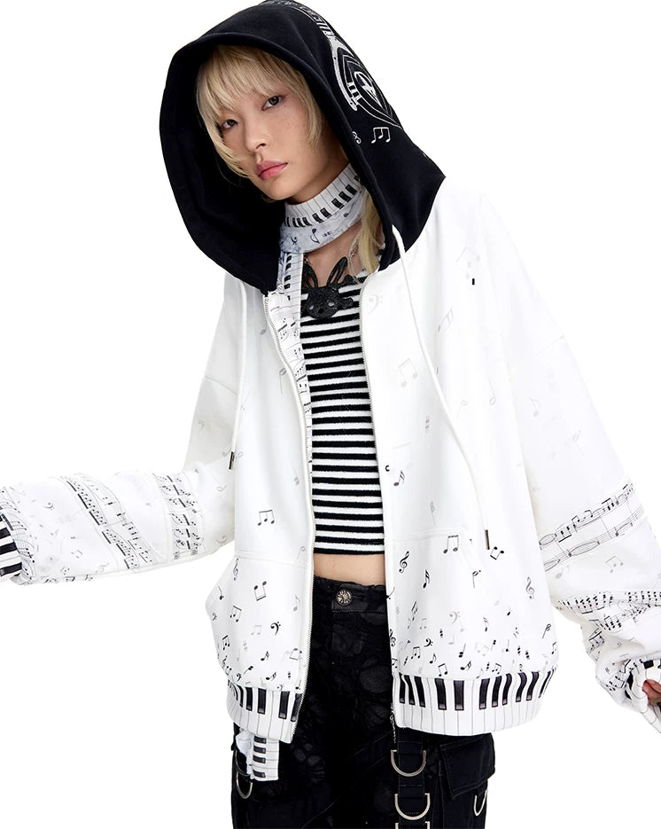 CFIERCE Piano Key Music-Note Zip Hoodie - white music-note hoodie front detail on model