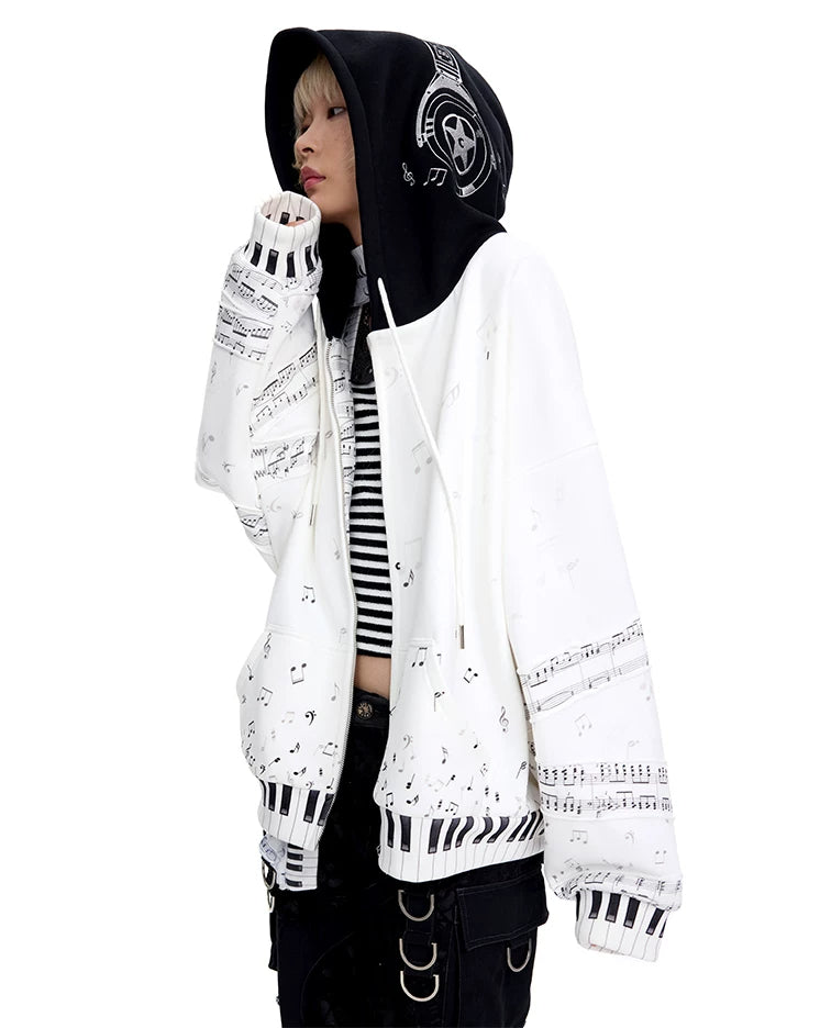 CFIERCE Piano Key Music-Note Zip Hoodie - black embroidered headphone hood side view