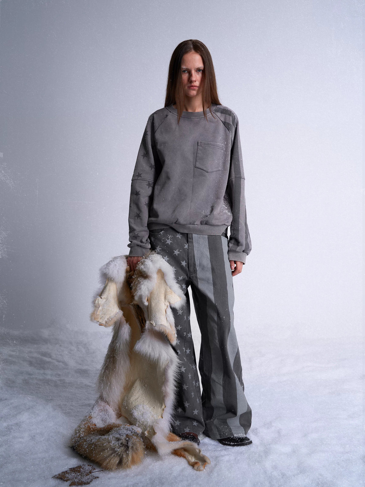 Star Stripe Flag Print Washed Wide Leg Pants - model full look front